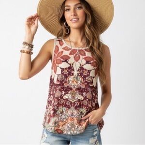Bobeau Burgundy and Cream Floral Tank Top